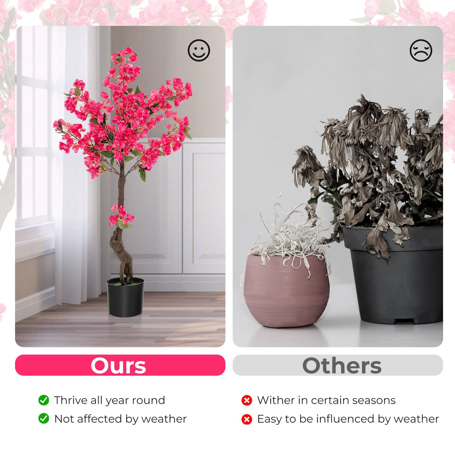 2 Pack 41 Inch Artificial Plum Blossom Tree Fake Floral Plant with 92 Flowers-Red