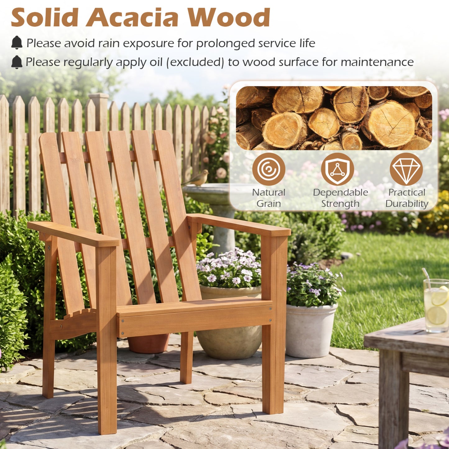 Acacia Wood Patio Dining Chair with Curved Seat & Armrests