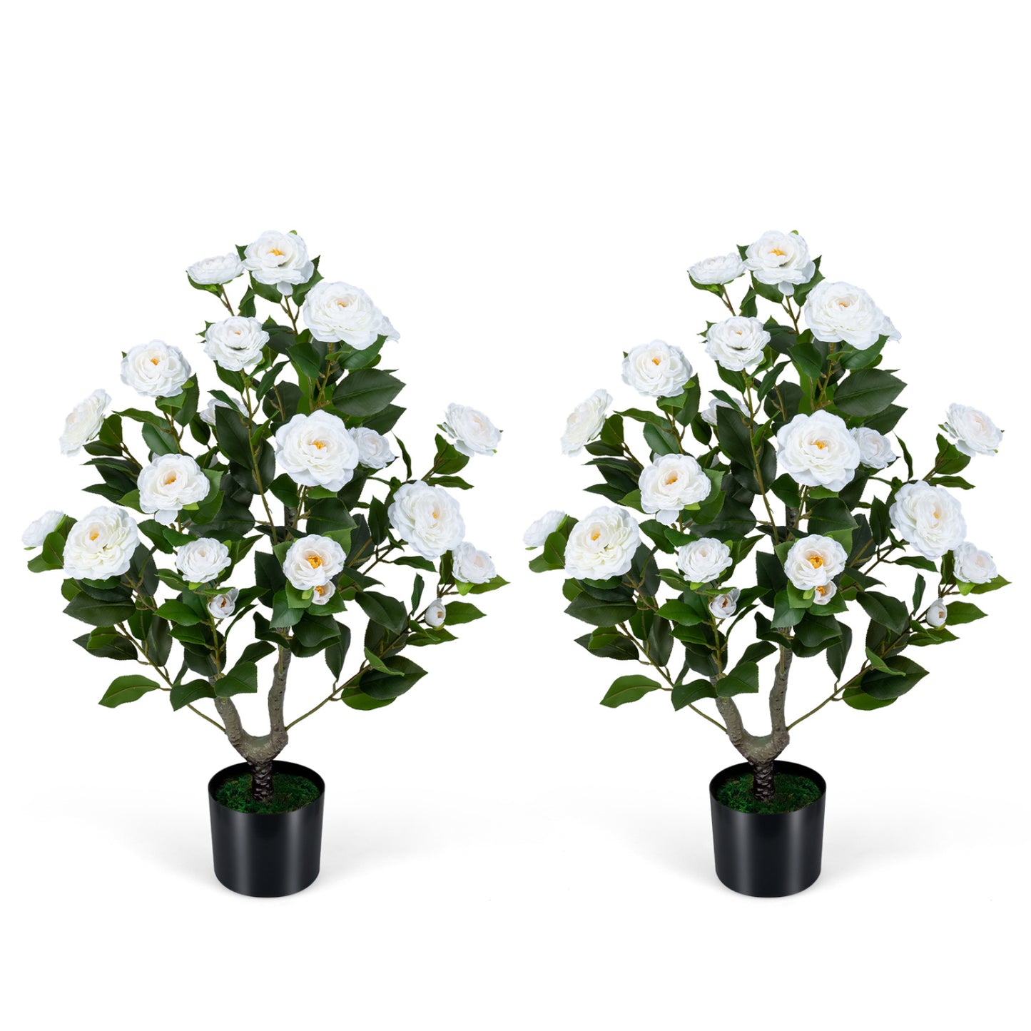 2-Pack Artificial Camellia Tree Faux Flower Plant in Cement-Filled Pot