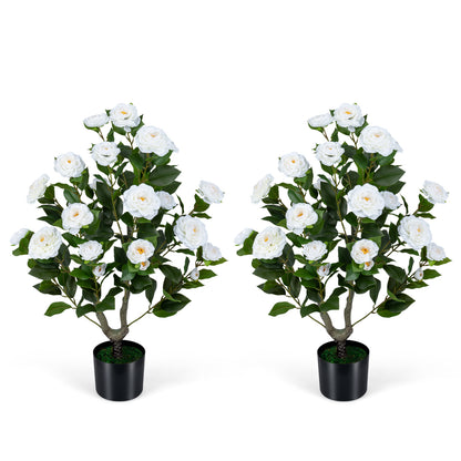 2-Pack Artificial Camellia Tree Faux Flower Plant in Cement-Filled Pot