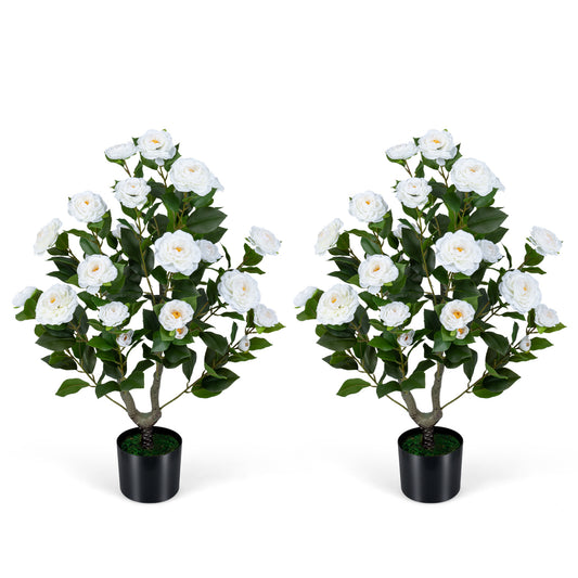 2-Pack Artificial Camellia Tree Faux Flower Plant in Cement-Filled Pot