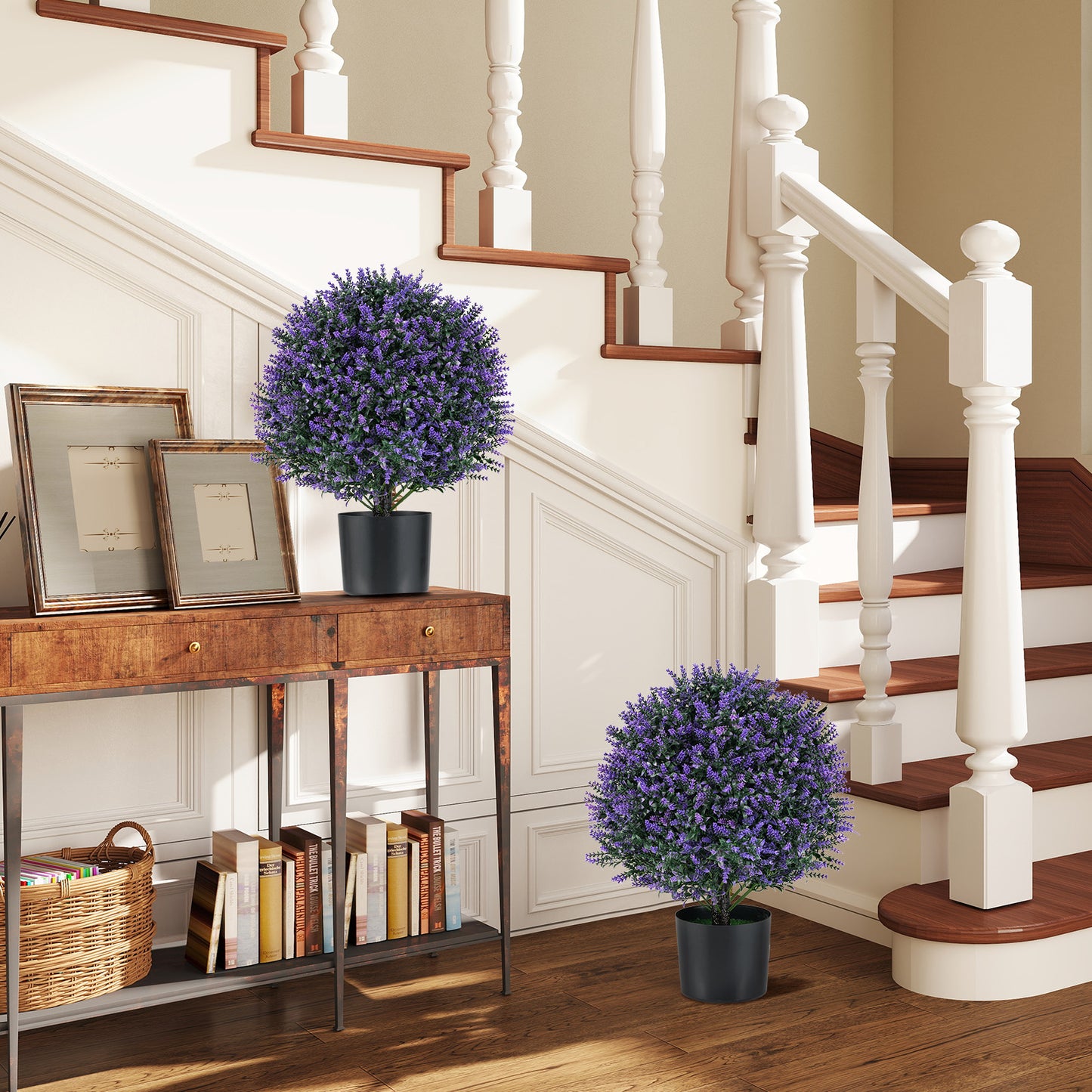 2 Pack Artificial Lavender Topiary Ball Tree Faux Shrub Bushes with Flowers-Purple
