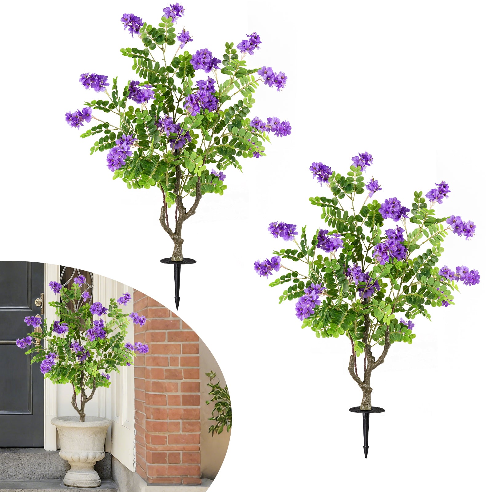 2 Pack Artificial Locust Flower Trees 39 Inch Fake Evergreen Shrubs with Ground Spikes-Purple