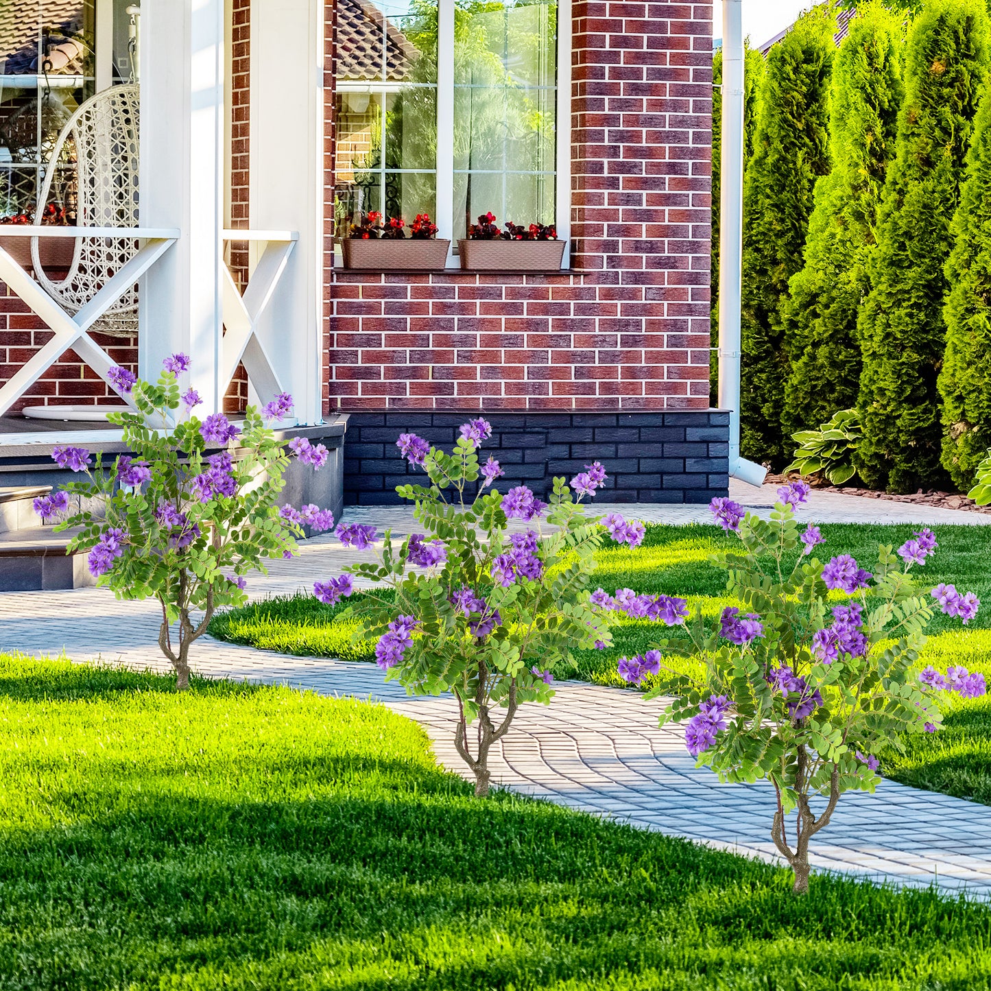 2 Pack Artificial Locust Flower Trees 39 Inch Fake Evergreen Shrubs with Ground Spikes-Purple