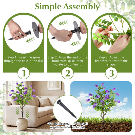 2 Pack Artificial Locust Flower Trees 39 Inch Fake Evergreen Shrubs with Ground Spikes-Purple