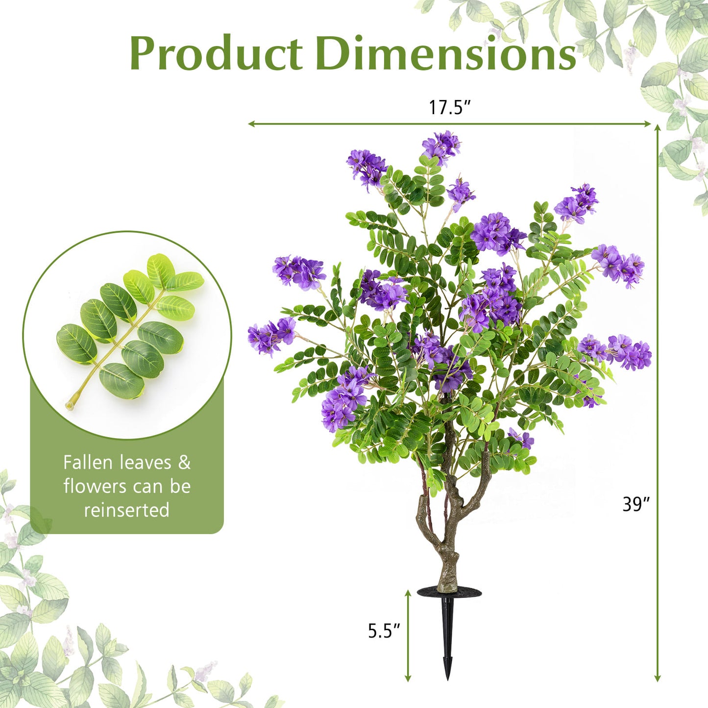 2 Pack Artificial Locust Flower Trees 39 Inch Fake Evergreen Shrubs with Ground Spikes-Purple