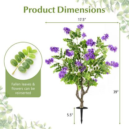 2 Pack Artificial Locust Flower Trees 39 Inch Fake Evergreen Shrubs with Ground Spikes-Purple