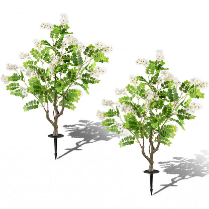 2 Pack Artificial Locust Flower Trees 39 Inch Fake Evergreen Shrubs with Ground Spikes-White