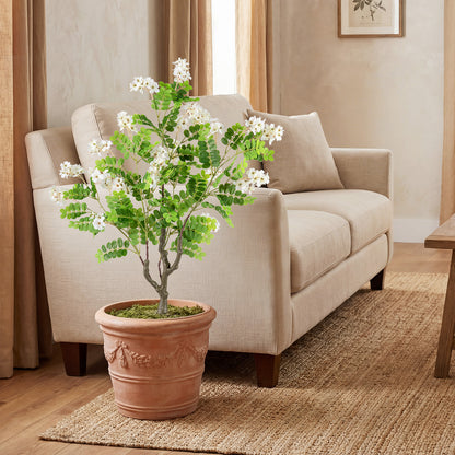 2 Pack Artificial Locust Flower Trees 39 Inch Fake Evergreen Shrubs with Ground Spikes-White