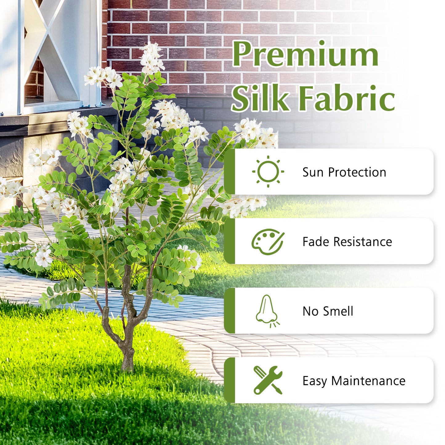 2 Pack Artificial Locust Flower Trees 39 Inch Fake Evergreen Shrubs with Ground Spikes-White