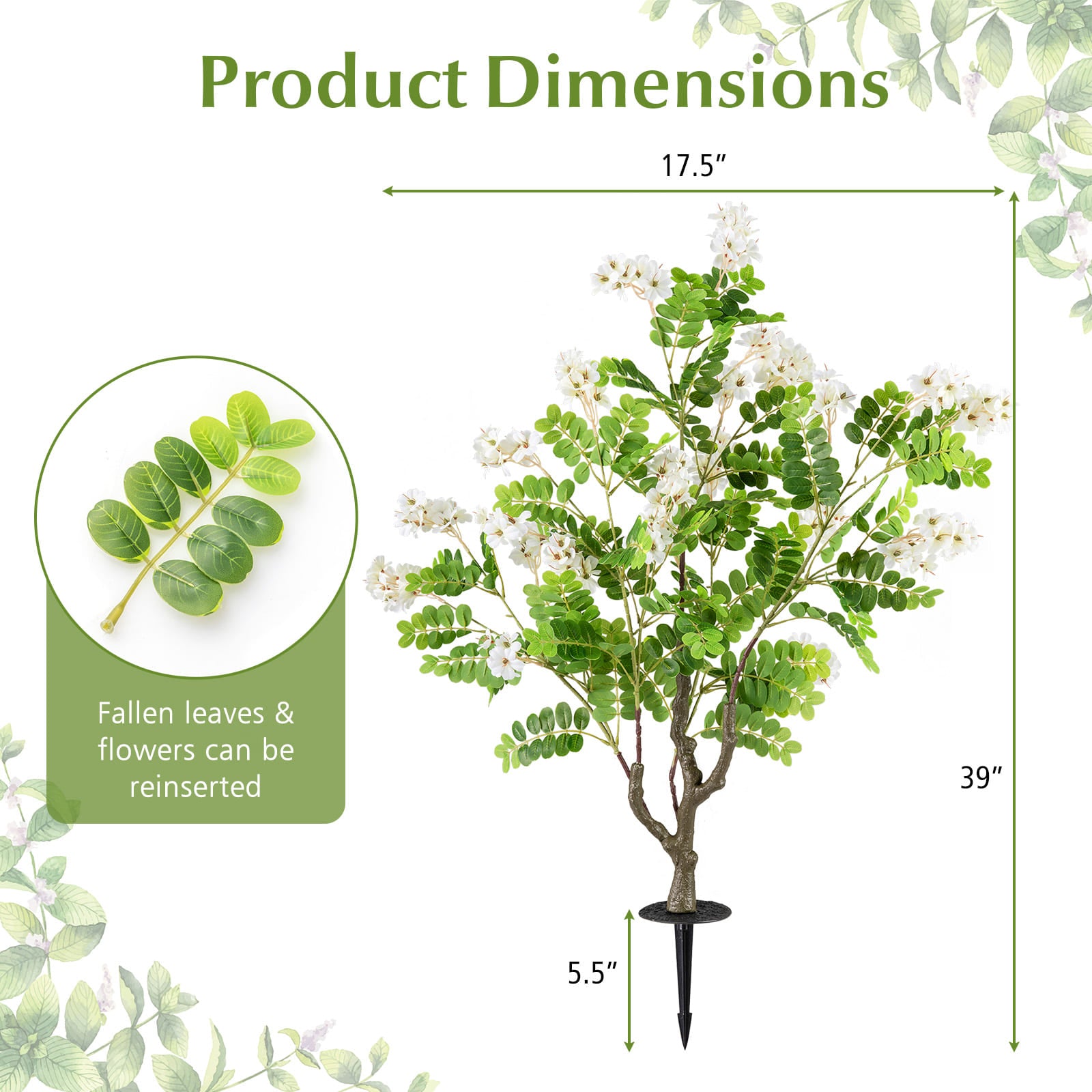 2 Pack Artificial Locust Flower Trees 39 Inch Fake Evergreen Shrubs with Ground Spikes-White