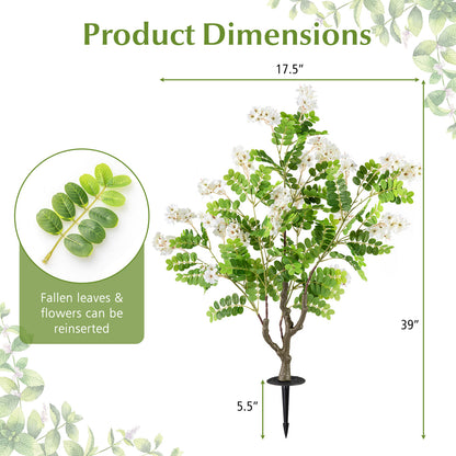 2 Pack Artificial Locust Flower Trees 39 Inch Fake Evergreen Shrubs with Ground Spikes-White