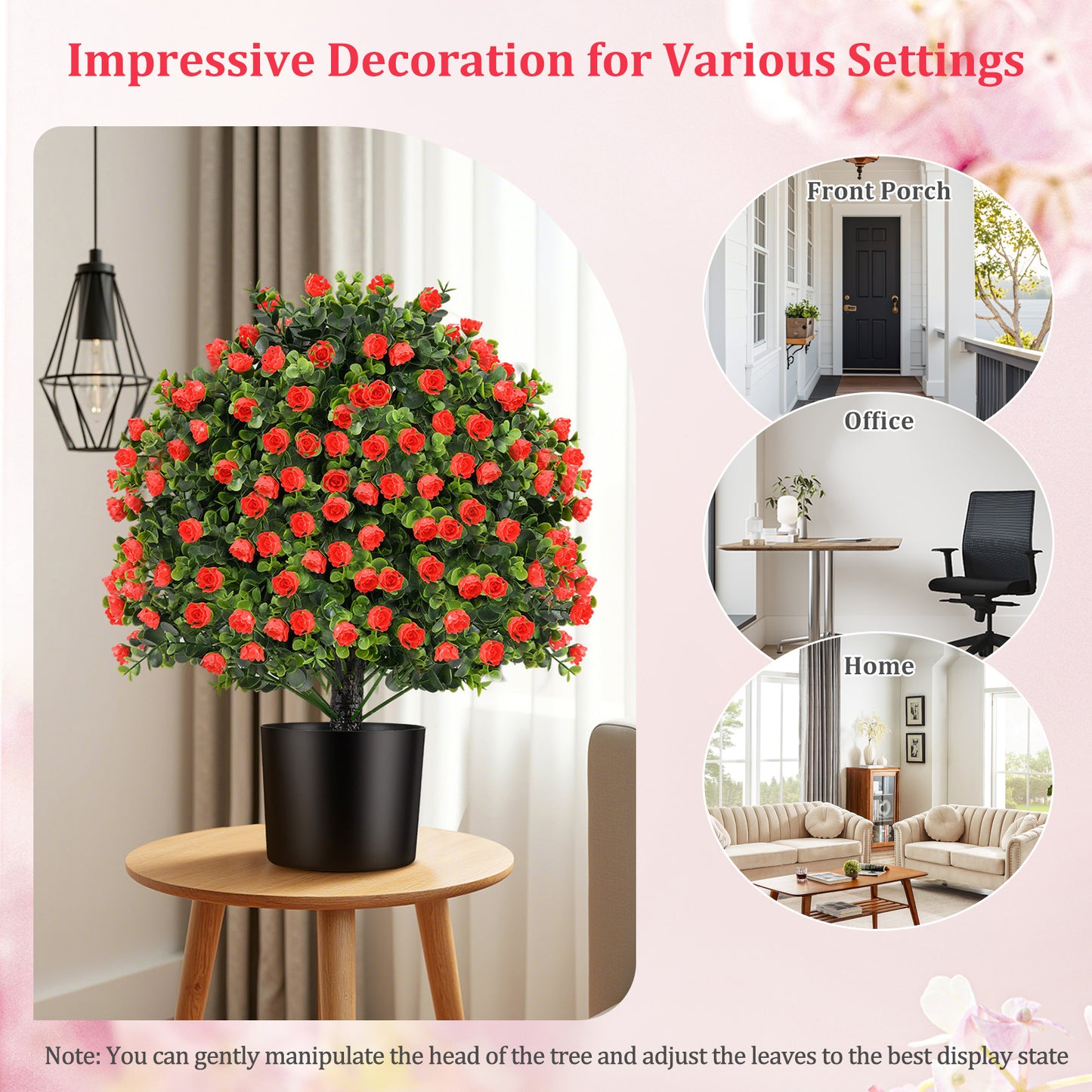 2 Pack Artificial Rose Topiary Ball Tree Faux Shrub Bushes with Flowers-Red