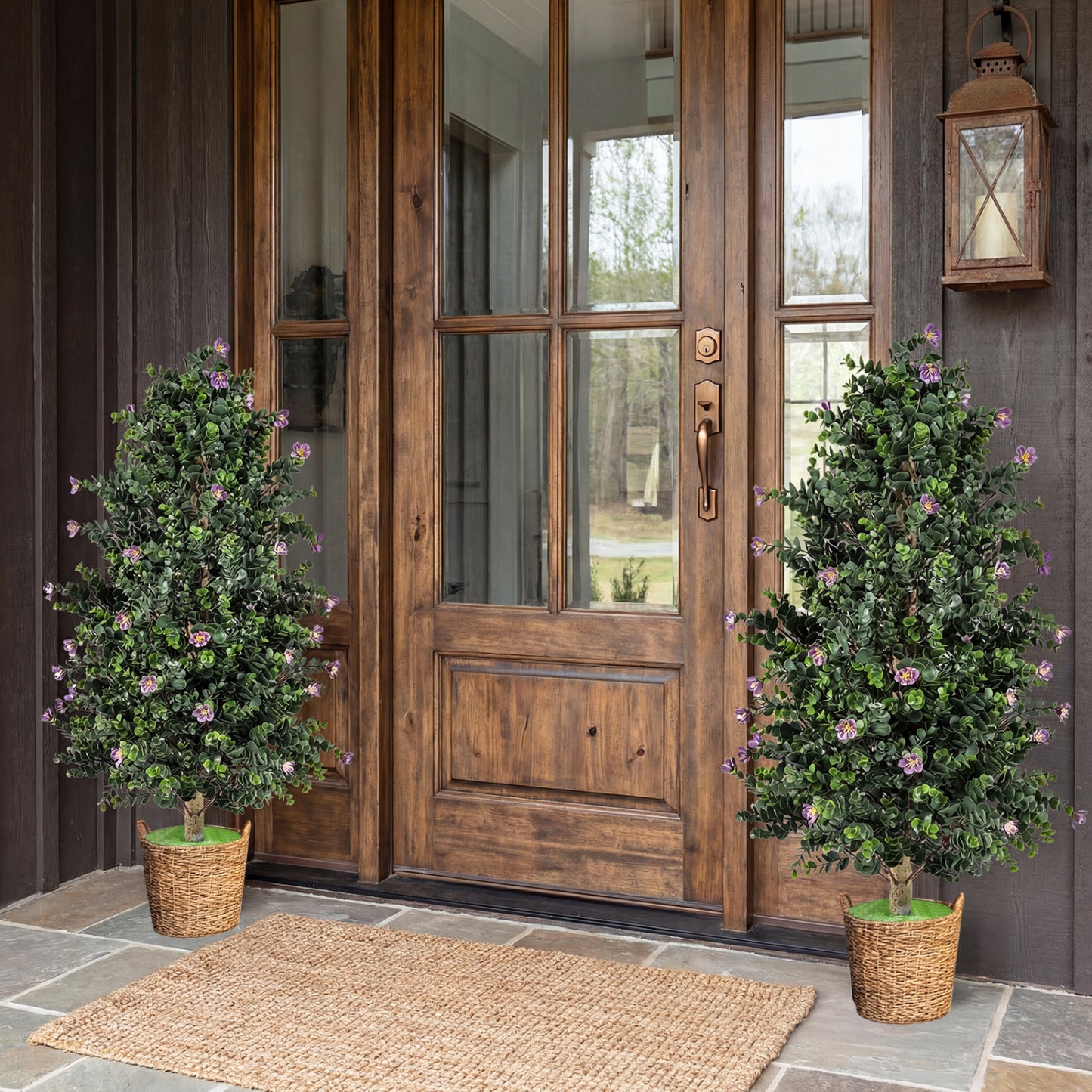 2 Pack Artificial Topiary Cone Tree Faux Potted Shrub Plant with 49 Flowers