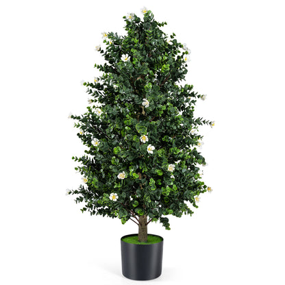 2 Pack Artificial Topiary Cone Tree Faux Potted Shrub Plant with 49 Flowers