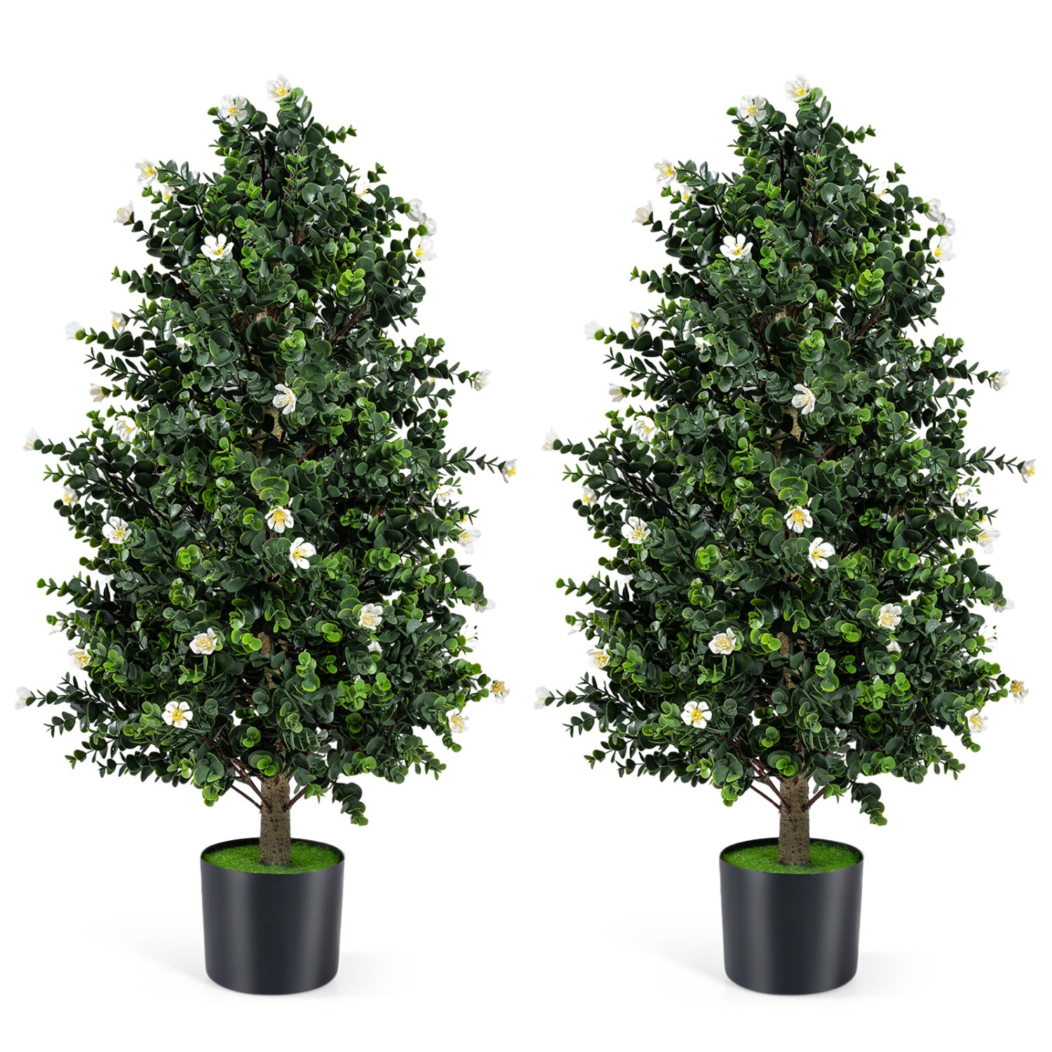 2 Pack Artificial Topiary Cone Tree Faux Potted Shrub Plant with 49 Flowers