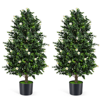 2 Pack Artificial Topiary Cone Tree Faux Potted Shrub Plant with 49 Flowers