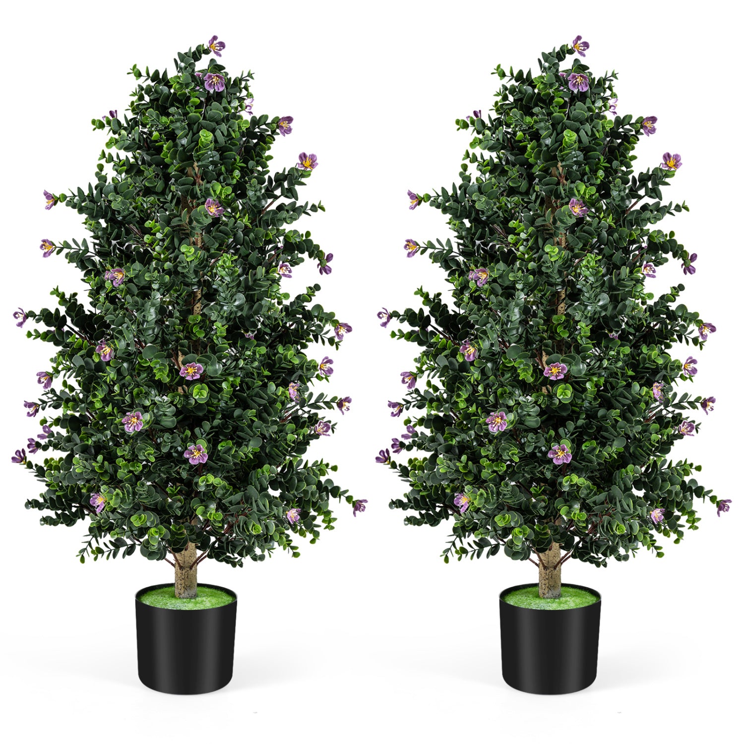2 Pack Artificial Topiary Cone Tree Faux Potted Shrub Plant with 49 Flowers