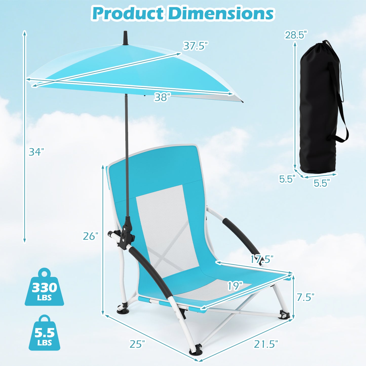 2 Pack Beach Umbrella Chair for Adults with Adjustable Parasol-Blue
