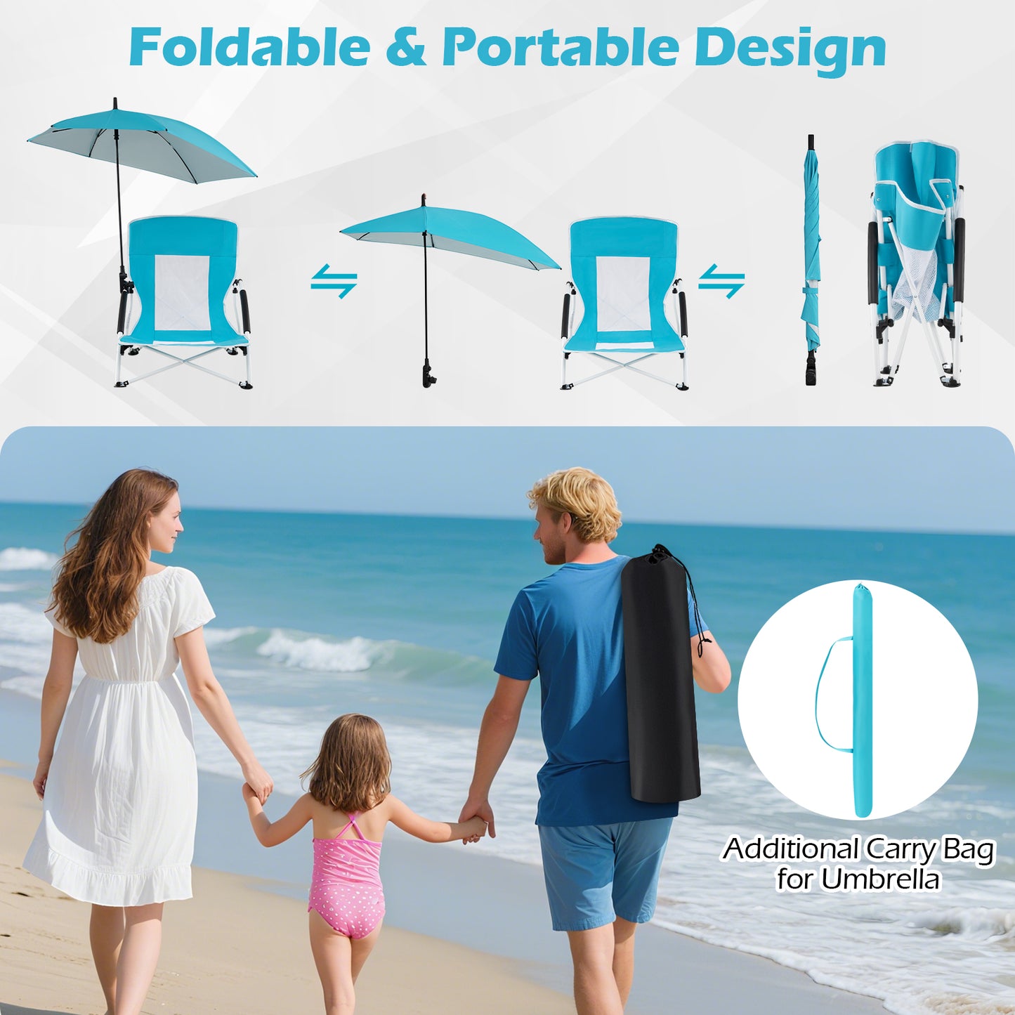 2 Pack Beach Umbrella Chair for Adults with Adjustable Parasol-Blue