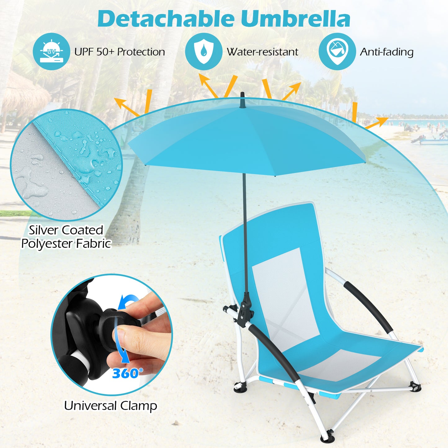 2 Pack Beach Umbrella Chair for Adults with Adjustable Parasol-Blue