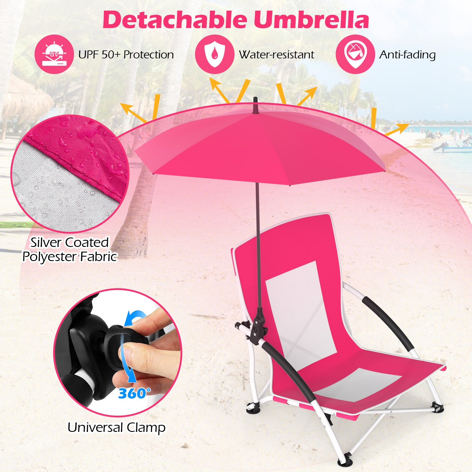 2 Pack Beach Umbrella Chair for Adults with Adjustable Parasol-Pink