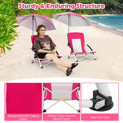 2 Pack Beach Umbrella Chair for Adults with Adjustable Parasol-Pink