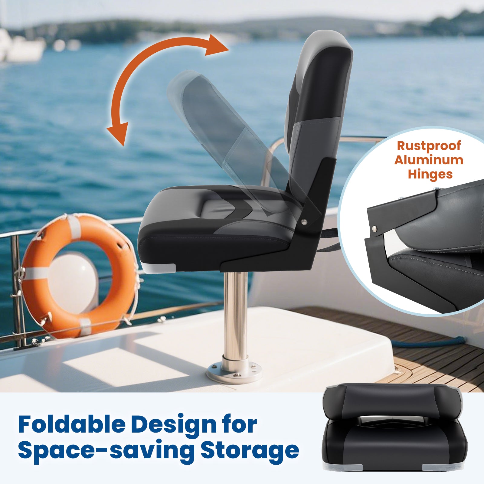 2-Pack Boat Seats with Fixing Bolts and Hinges-Black