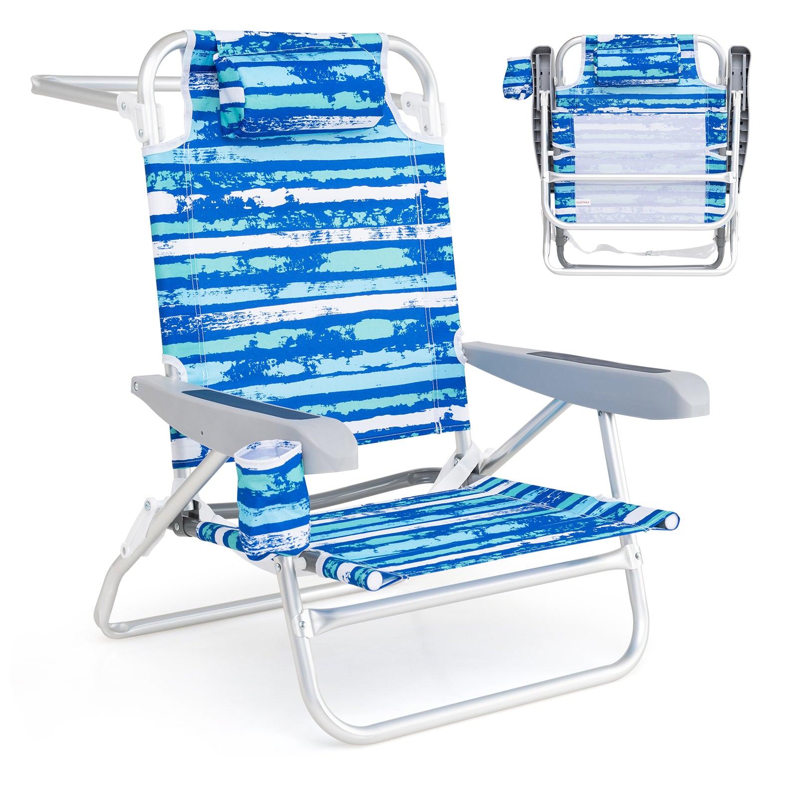 2 Pack Folding Beach Chair with Adjustable Positions and Head Pillow-Blue