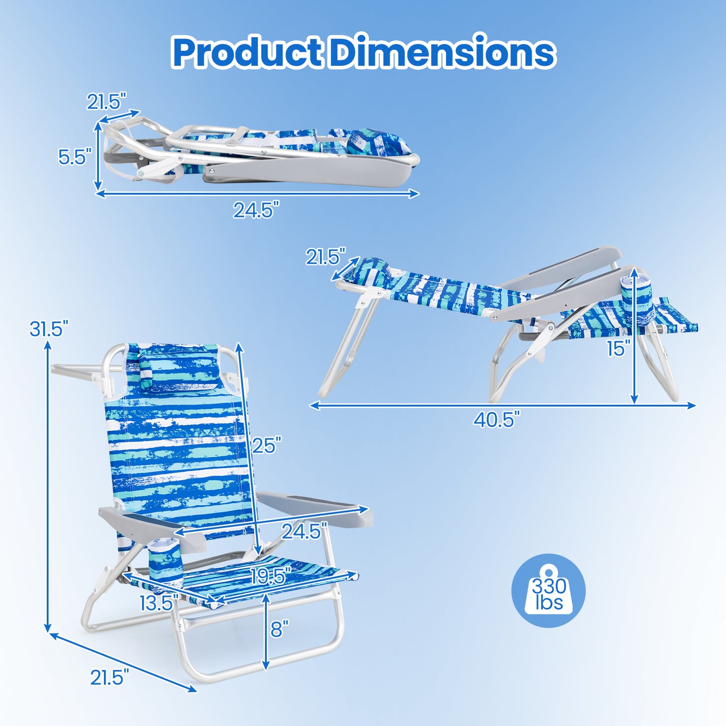 2 Pack Folding Beach Chair with Adjustable Positions and Head Pillow-Blue