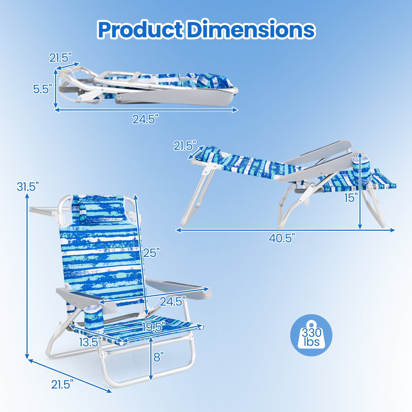 2 Pack Folding Beach Chair with Adjustable Positions and Head Pillow-Blue