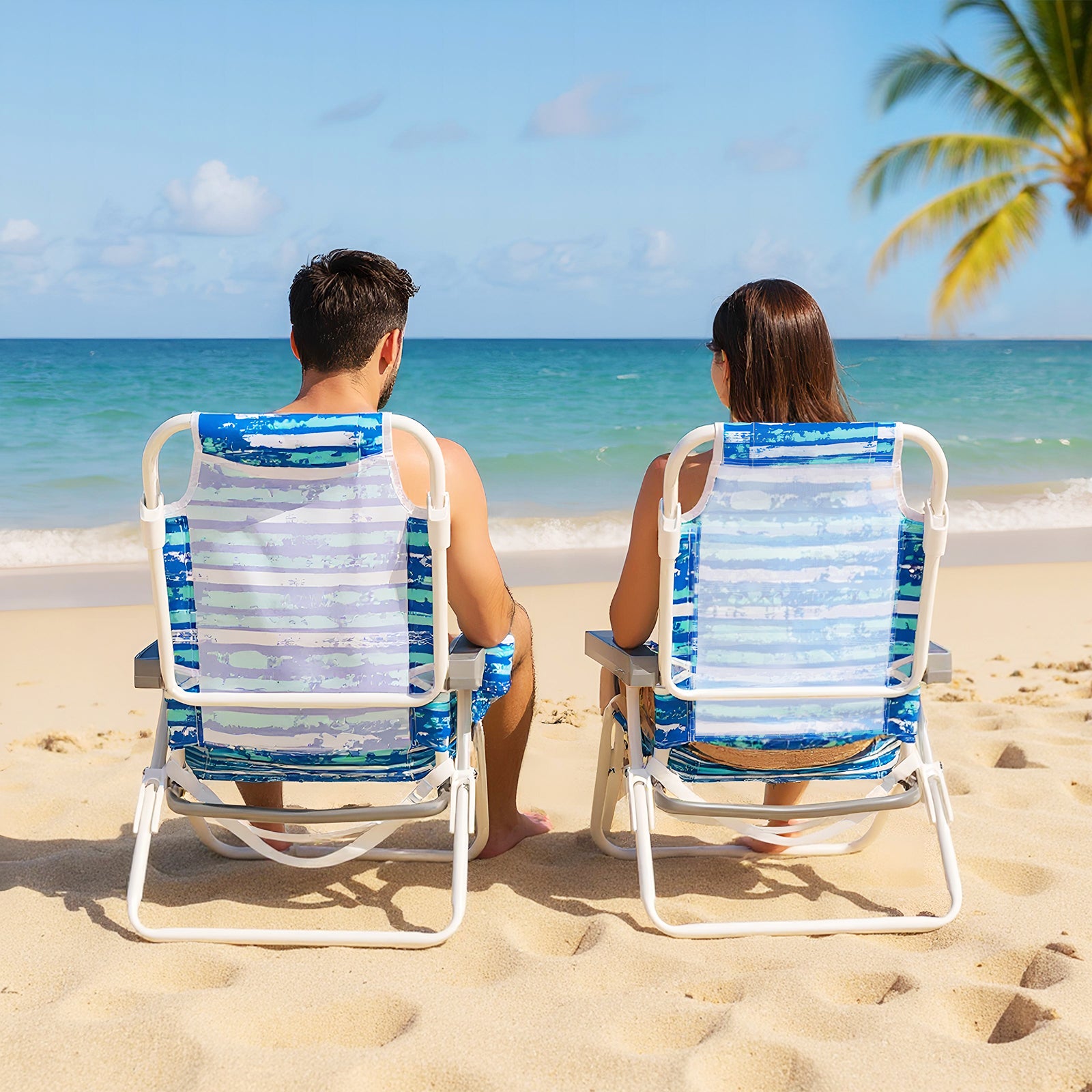 2 Pack Folding Beach Chair with Adjustable Positions and Head Pillow-Blue