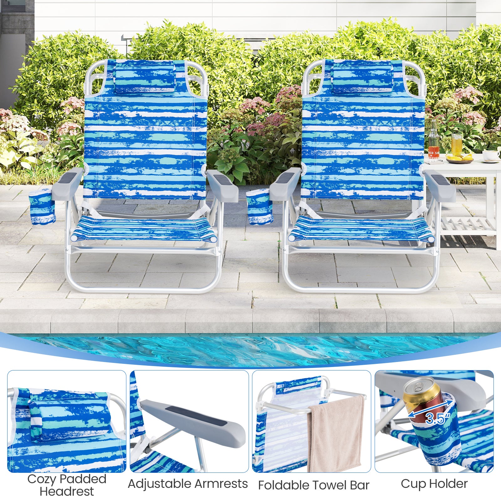 2 Pack Folding Beach Chair with Adjustable Positions and Head Pillow-Blue