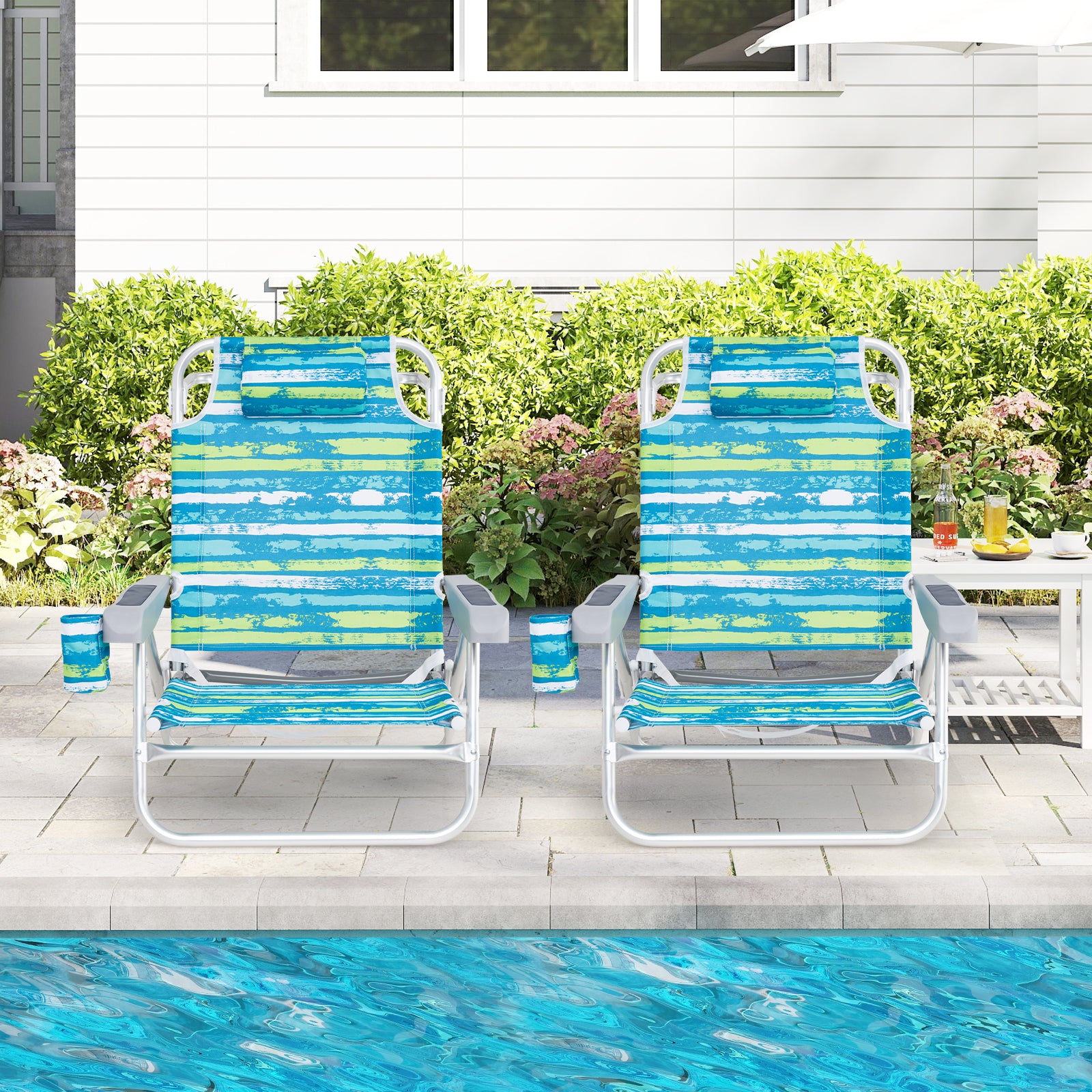 2 Pack Folding Beach Chair with Adjustable Positions and Head Pillow-Green