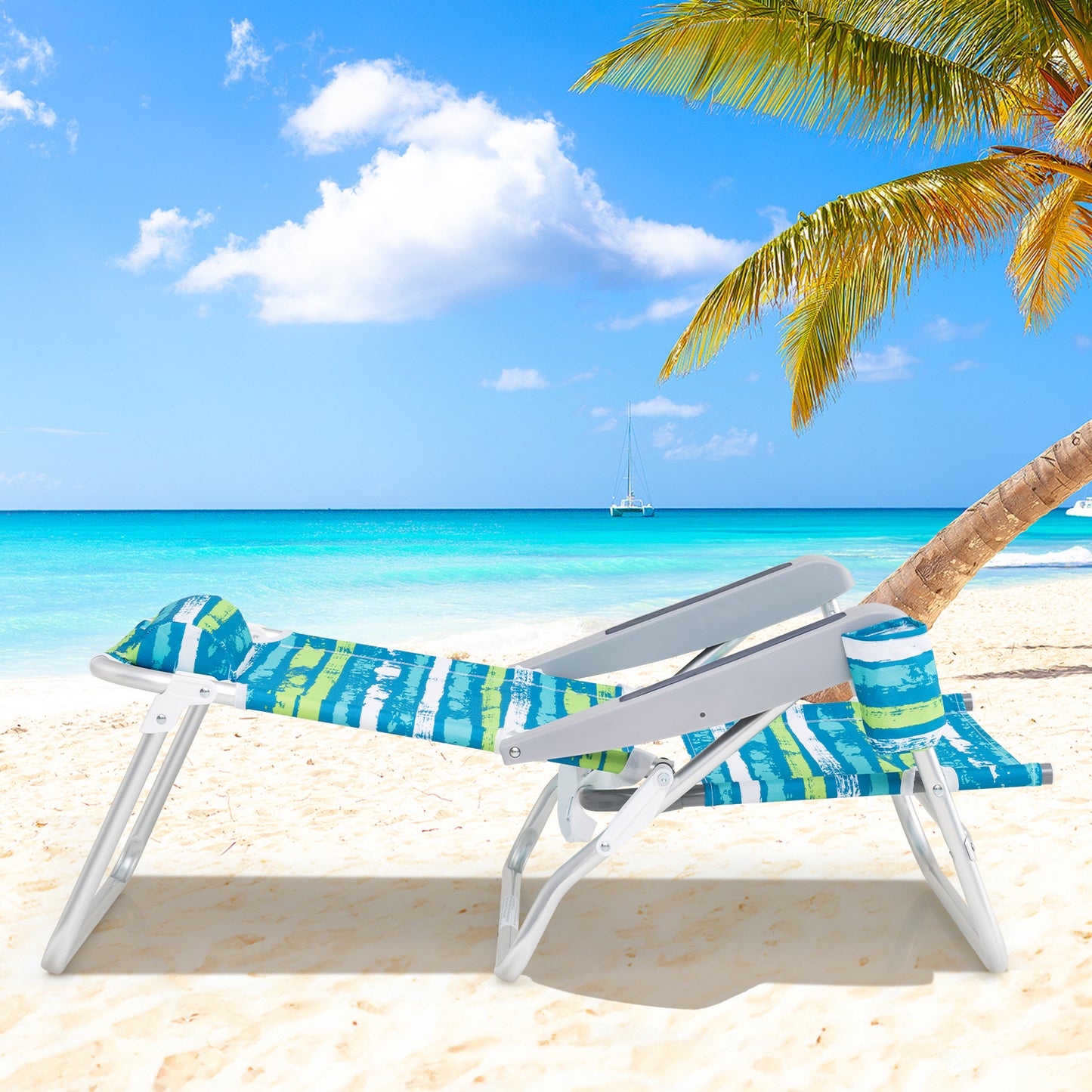 2 Pack Folding Beach Chair with Adjustable Positions and Head Pillow-Green