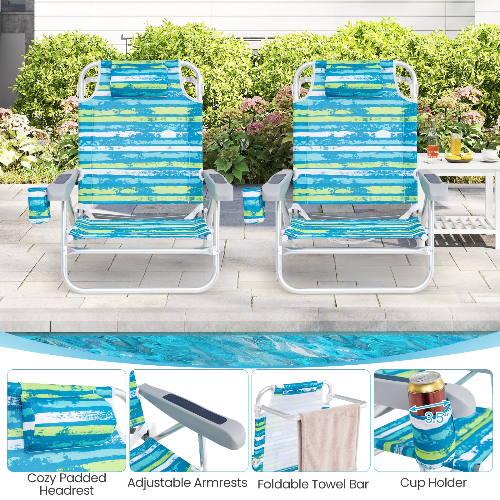 2 Pack Folding Beach Chair with Adjustable Positions and Head Pillow-Green