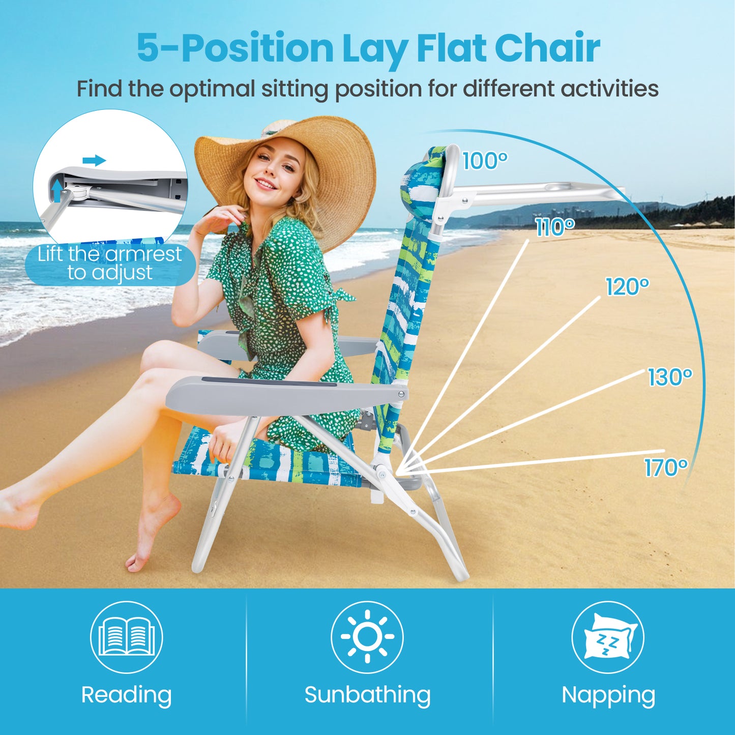 2 Pack Folding Beach Chair with Adjustable Positions and Head Pillow-Green