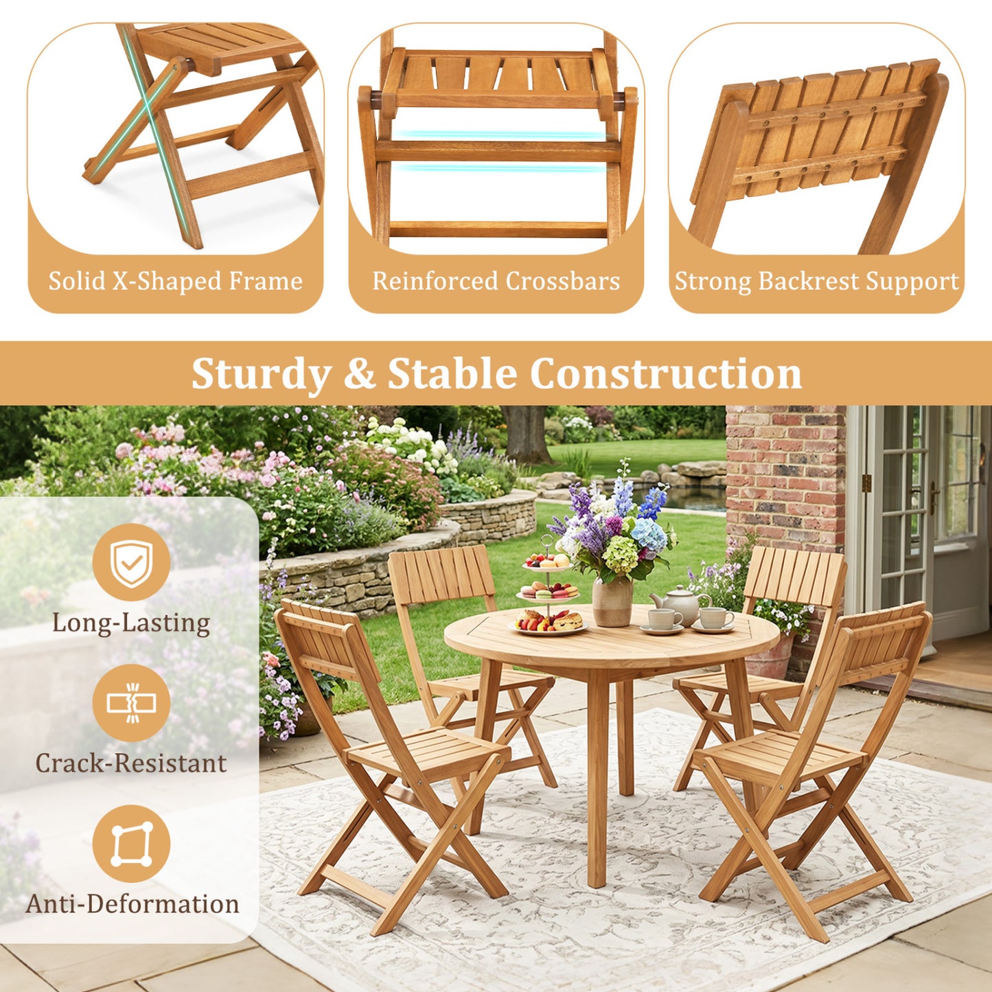 2 Pack Folding Chairs Sturdy Wood Dining Chairs with Slatted Backrest and Seat