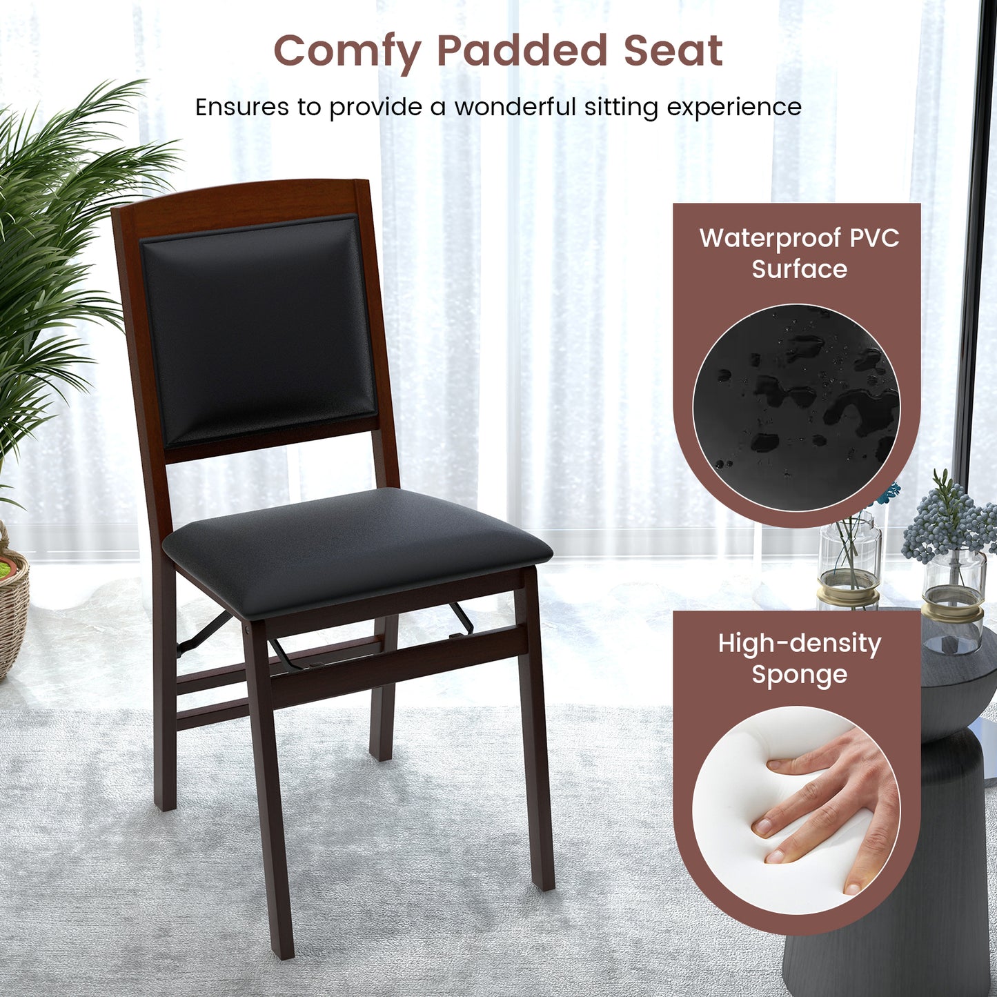 Set of 2 Folding Dining Chairs with Padded Seat and High Backrest-Brown