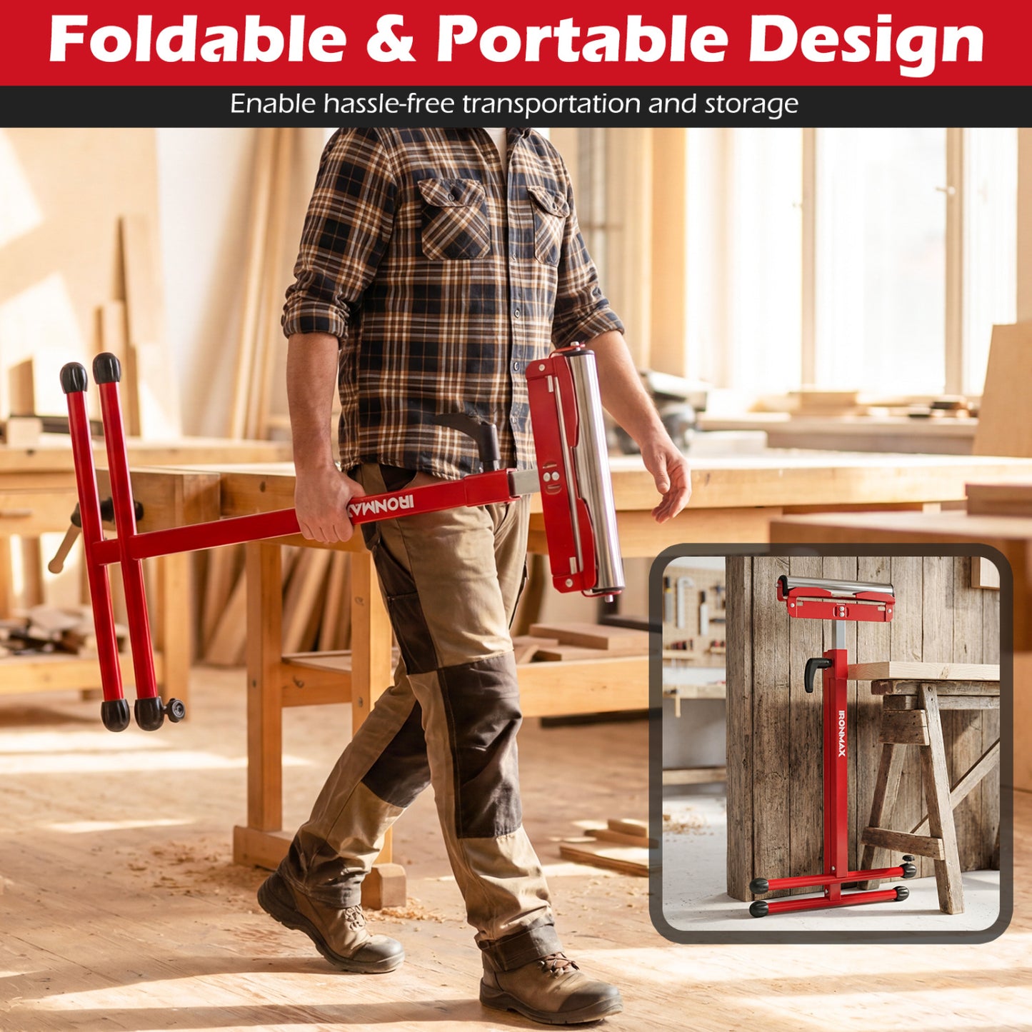 2-Pack Folding Roller Stands Portable Outfeed Supports with Adjustable Height