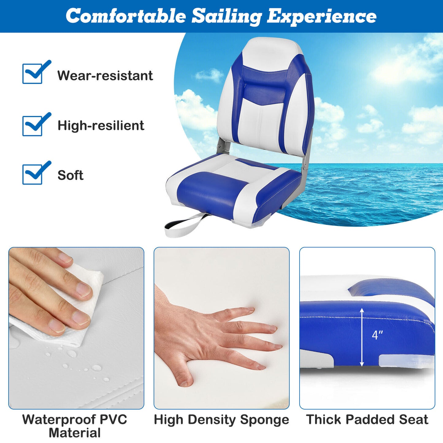 2 Pieces High Back Folding Boat Seat Set with Sponge Cushion