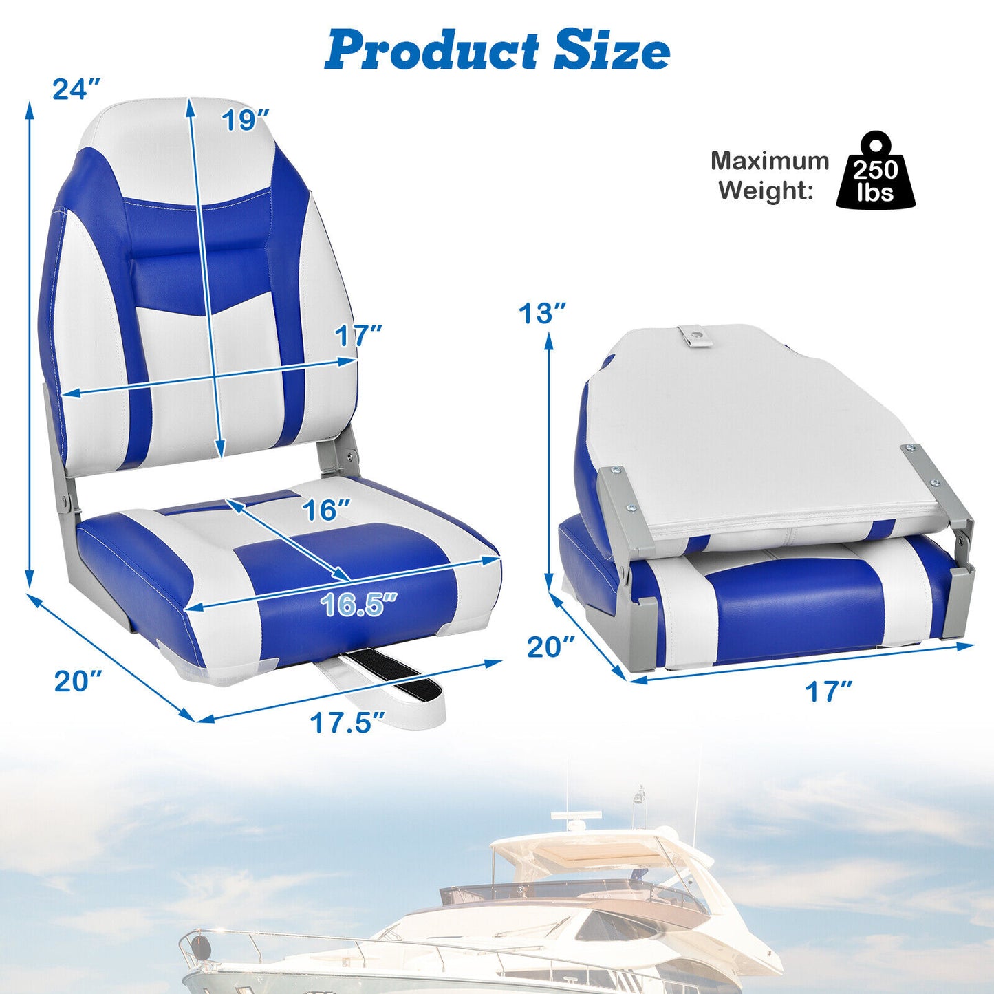 2 Pieces High Back Folding Boat Seat Set with Sponge Cushion