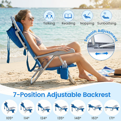 Folding Beach Chair with 7-Position Backrest & Cooler Bag