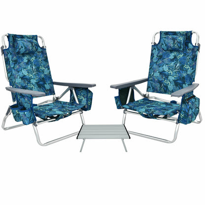 2 Packs 5-Position Outdoor Folding Backpack Beach Table Chair Reclining Chair Set-Green - Multicolor
