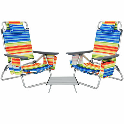 2 Packs 5-Position Outdoor Folding Backpack Beach Table Chair Reclining Chair Set-Green - Yellow