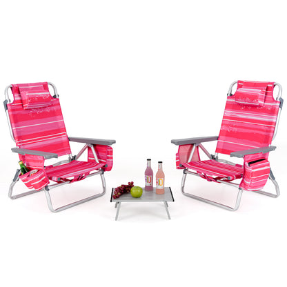 2 Packs 5-Position Outdoor Folding Backpack Beach Table Chair Reclining Chair Set-Green - Hot Pink