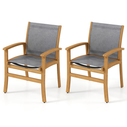 Patio Chairs Set of 2 Acacia Wood Armchairs with Breathable Fabric Back and Seat