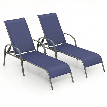 2 Pieces Outdoor Patio Lounge Chair Chaise Fabric with Adjustable Reclining Armrest-Dark Gray - Navy