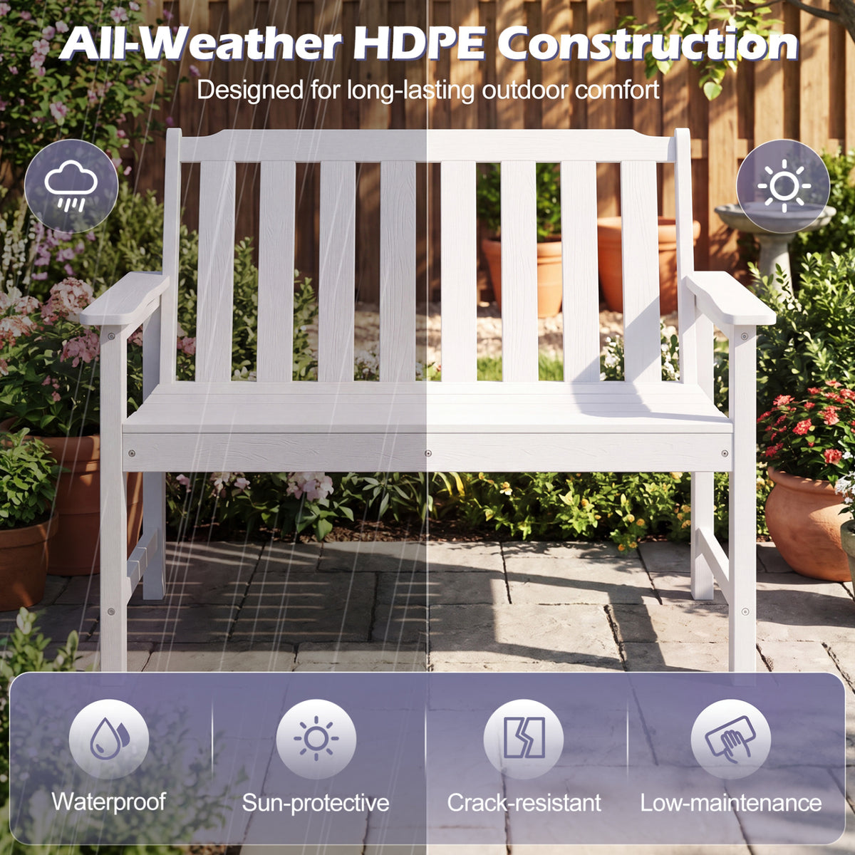 2-Person HDPE Outdoor Garden Bench with Backrest