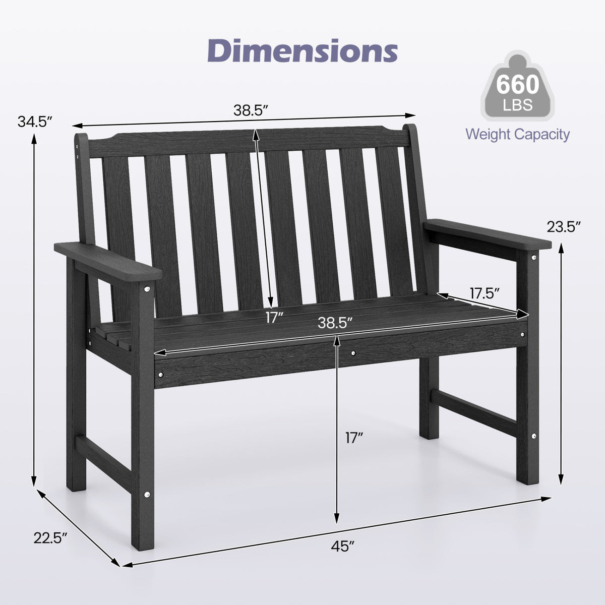 2-Person HDPE Outdoor Garden Bench with Backrest